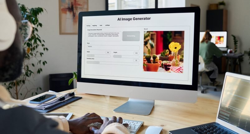 Designer using or testing new product Screen of desktop computer with AI image generator standing on workplace of designer using or testing new product