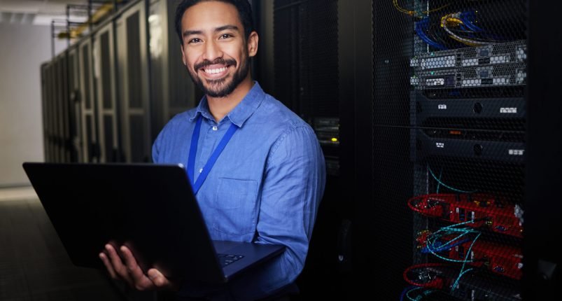 Man, data center and computer in programming portrait, server room coding and programming or cybers.