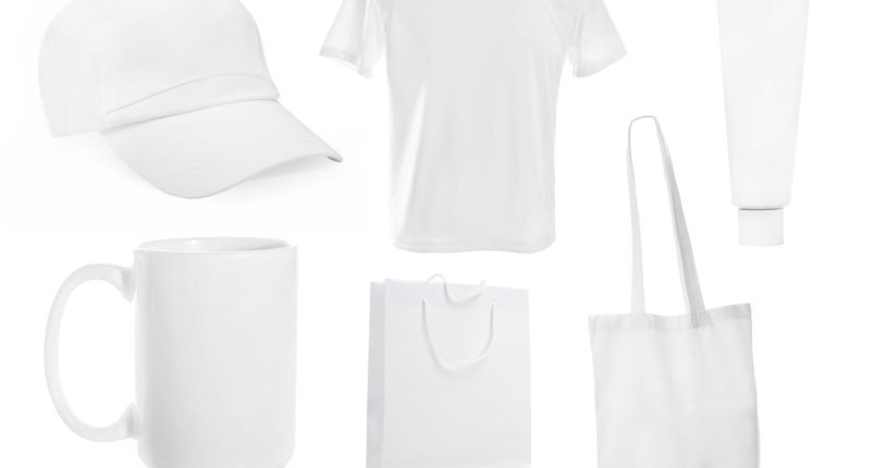 Set ot White blank men's t-shirt with a cap and other objects for advertising